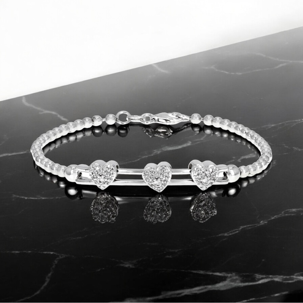 3 Pave Hearts Sliding Bracelet  White Lab Sapphire Rhodium Over Sterling Silver
